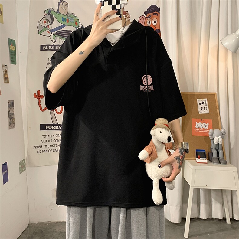 LD54237-P45连帽短袖t恤男大码胖子带帽五分袖中袖,男装T恤,电商A040