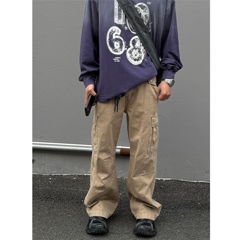 春秋新款美式复古卡其色直筒宽松垂感工装休闲裤cleanfit裤,男装工装外套,星座506A