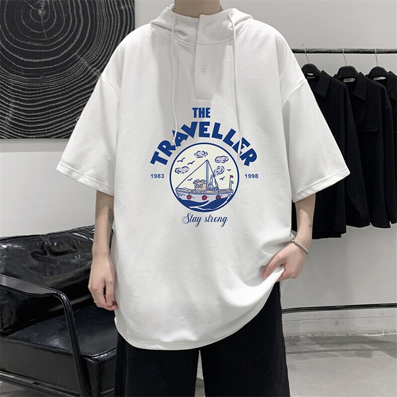LD54410-P45NASA 连帽短袖t恤男大码胖子带帽五分袖中袖图片