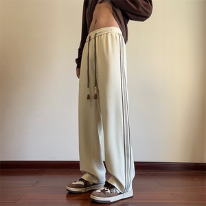 小个子米白色加绒卫裤男款春秋季美式高街情侣重磅宽松直筒运动裤图片