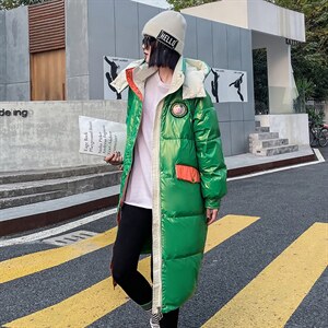 2022年冬季新款过膝撞色连帽韩版长款时尚洋气白鸭绒羽绒服,女装羽绒服,时尚俏佳人