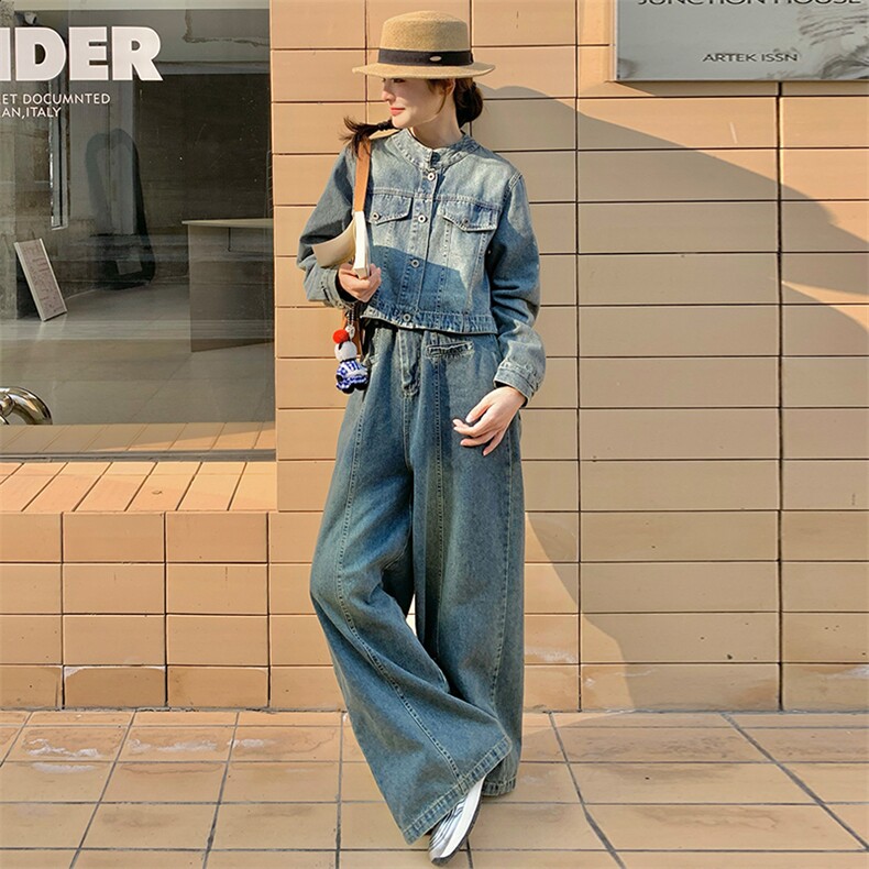 美式炸街牛仔套装女2025年春季新款短款外套高腰直筒阔腿裤两件套图片