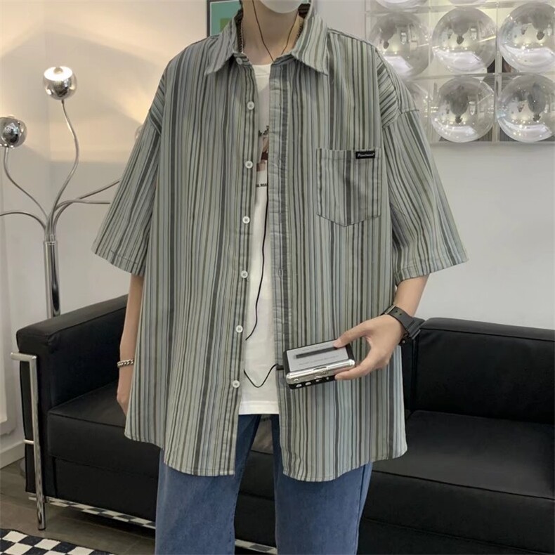 2022春秋季潮牌宽松衬衣日系复古条纹短袖衬衫男外套W3044-P30,男装衬衫,星座512-2