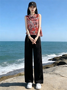 女夏季新款唐装时尚气质套装民族风立领提花无袖上衣阔腿裤两件套图片