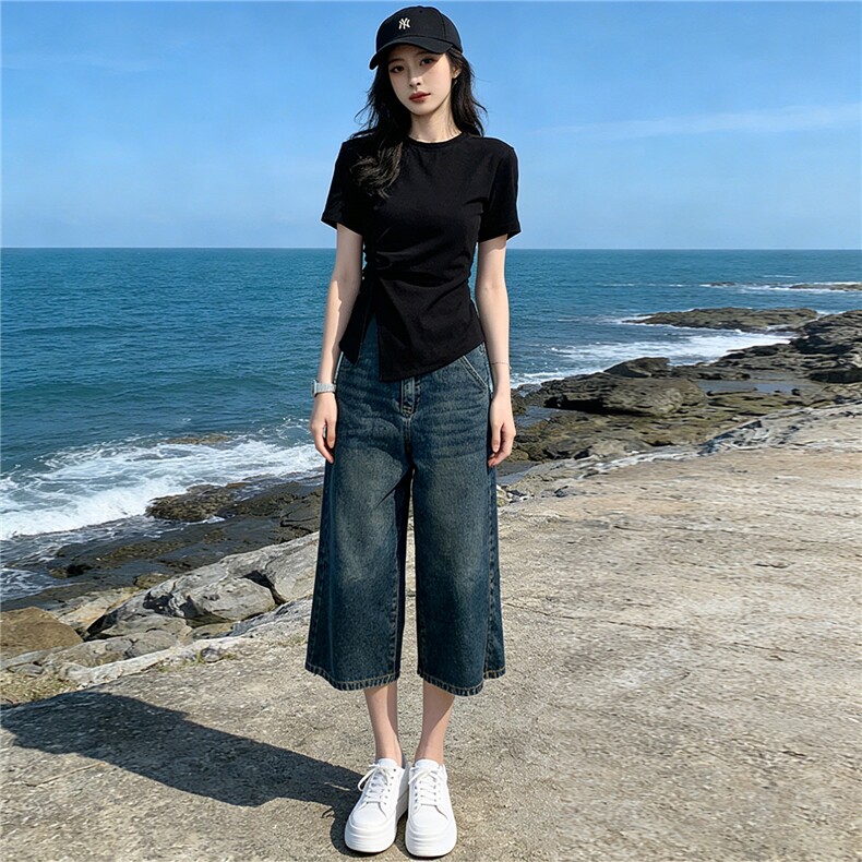 时尚简约套装女夏季新款收腰显瘦圆领开叉短袖阔腿牛仔中裤两件套,女装套装/套裙,江南
