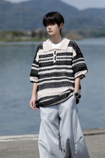 8XL-M特大码美式复古条纹撞色针织POLO衫翻领休闲短袖TDX311P35，男装T恤，电商D206-1