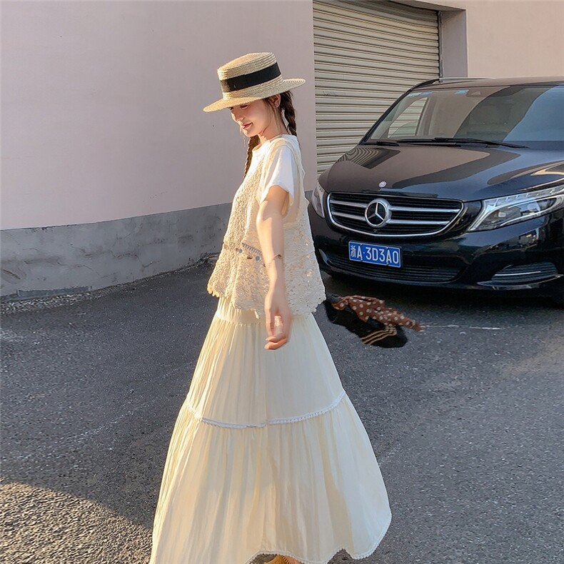 度假风甜美套装裙女2025夏季新款小个子T恤蕾丝马甲半身裙三件套,女装套装/套裙,维壹
