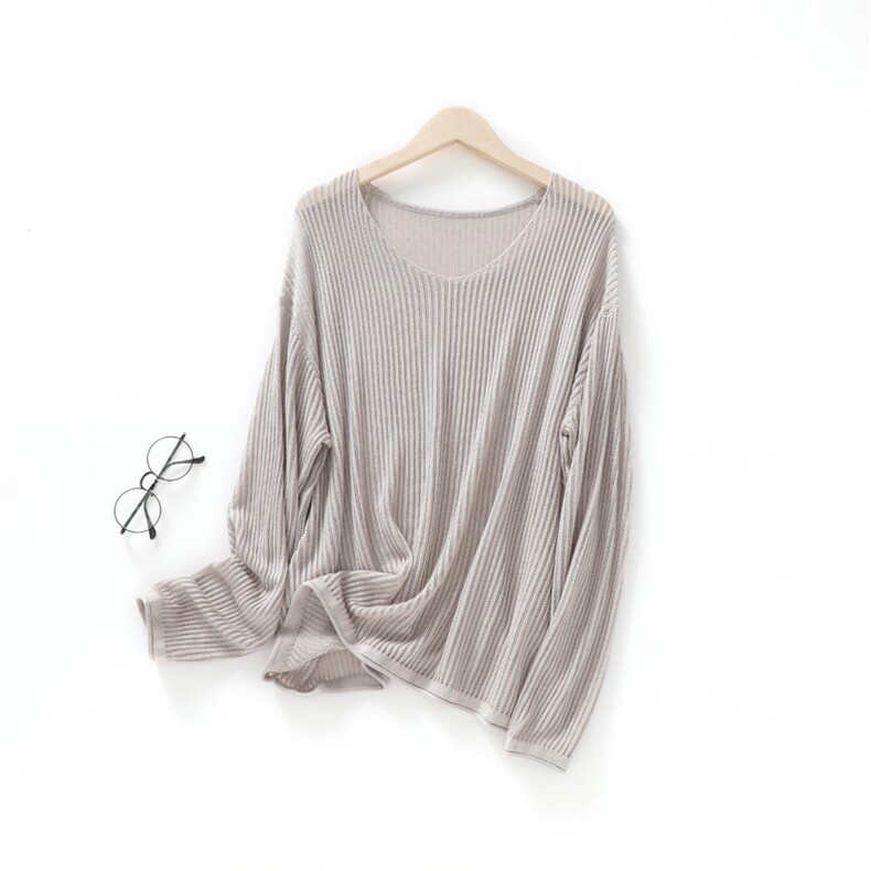 2025夏季针织衫天丝绵V领套头外搭慵懒风镂空长袖宽松防晒罩衫女,女装蕾丝衫/雪纺衫,东远绒业