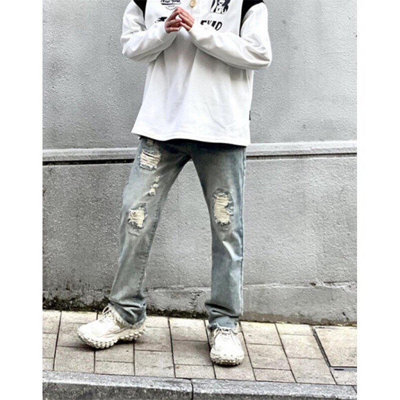 新款牛仔裤男款破洞复古高街宽松直筒休闲拖地裤N9022,男装牛仔裤,星座1116A（原606A-3）