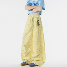 8XL-M波点黄色裤休闲裤美式潮牌褶皱阔腿裤垂感直筒裤男K9159P58，男装休闲裤，电商D206-1