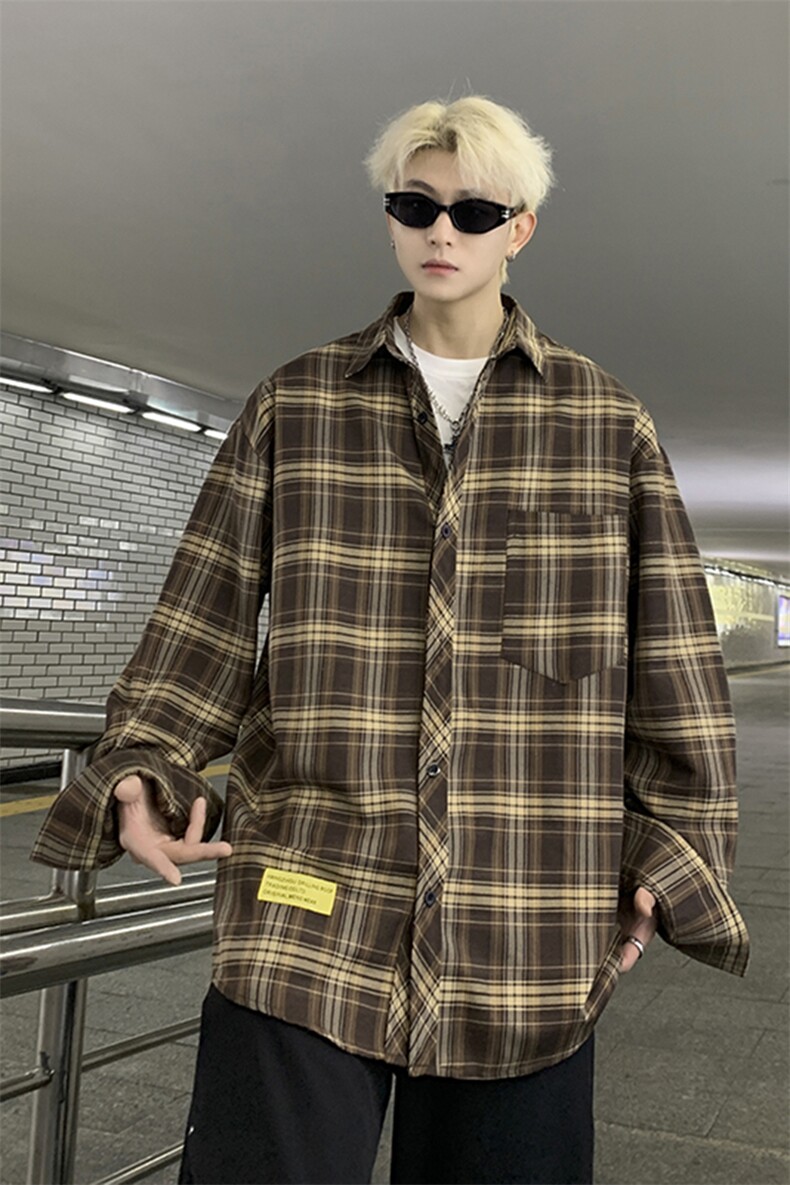 港风大码美式复古贴标格子翻领长袖衬衫男XZ213-CS8805-P55控68,男装衬衫,星座213