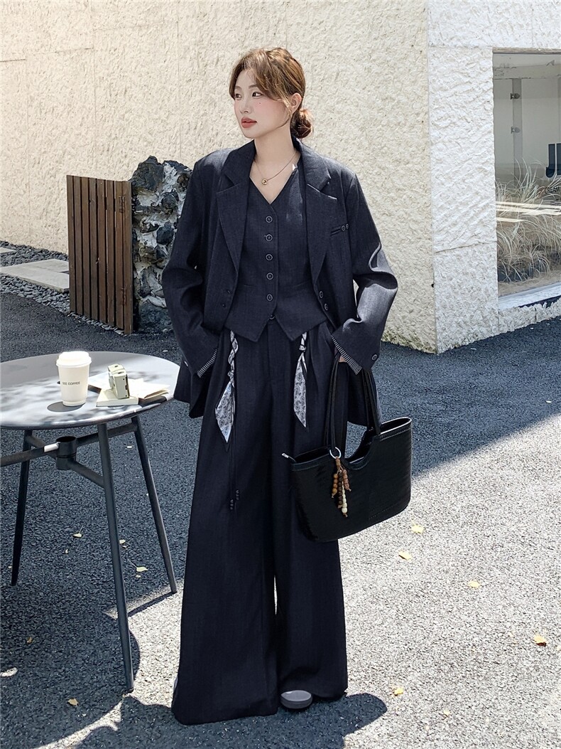藏青色气质西装马甲阔腿裤套装女春秋高级感巨好看大方得体三件套,女装套装/套裙,慧尚依恋