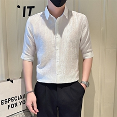 店主风社会小伙男士纯色七分袖衬衫男简约款上衣301A-1/CS560/P55，男装衬衫，星座301A-1