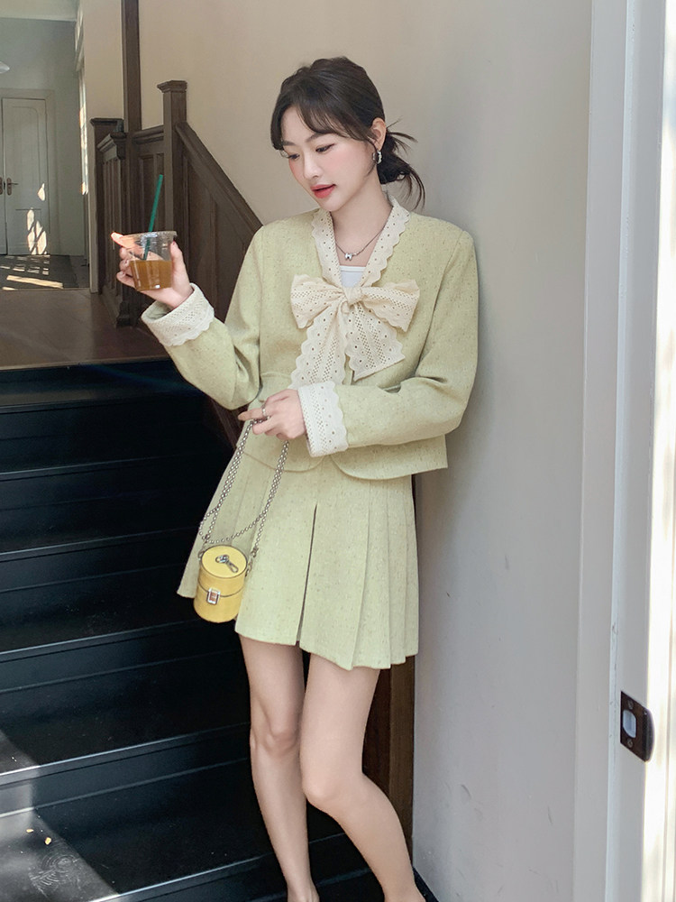 法式小香风小个子穿搭一整套女2025春新款蝴蝶结外套百褶裙两件套,女装套装/套裙,浙宝069