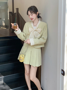 法式小香风小个子穿搭一整套女2025春新款蝴蝶结外套百褶裙两件套图片