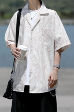 8XL-M冰丝古着感波浪纹短袖衬衫男宽松休闲沙滩古巴领衬衣CS528，男装衬衫，电商D206-1