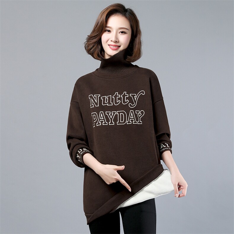 2021年冬季新款韩版加绒加厚高领卫衣女中长款小个子休闲百搭上衣，女装卫衣/绒衫，简韵佳