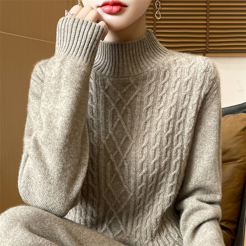 25秋冬季半高领绞花加厚100%纯羊毛衫女宽松慵懒风羊绒衫打底上衣，女装羊毛衫，邓利维