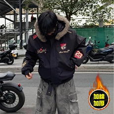 现货高品质美式高街重磅刺绣座山雕大毛毛领棉衣男女加厚棉服外套，男装棉衣，电商A486