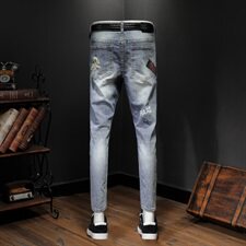 2021夏季薄款印花牛仔裤男潮牌修身小脚裤九分裤QT6027-89063，男装牛仔裤，电商D218