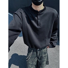 抖音得物品质美式高街重磅曼巴棉拼接cleanfit亨利领卫衣长袖T恤，男装T恤，电商A486
