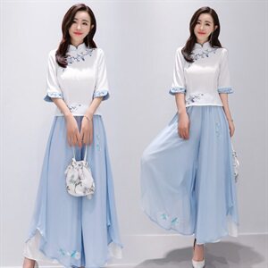 民族风女套装2024夏季新款复古中国风刺绣改良旗袍汉服裙裤两件套图片