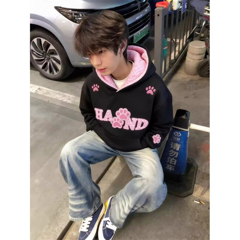 W11122-P65加绒70网图现货新款拼接豹纹毛绒连帽卫衣刺绣外套,女装短外套,星座1608