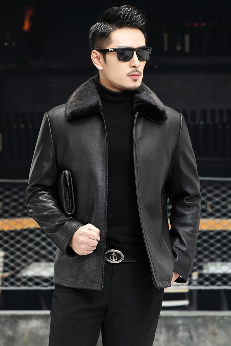 J8069新款海宁男式绵羊皮皮衣男翻领兔毛内胆皮克服夹克P990,男装皮衣,电商B360