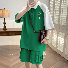 夏上新学生时尚拼接半袖套装刺绣翻领短裤T恤男女6625-P65控价88，男装T恤，电商A441-1