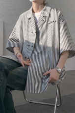 春夏英伦学院风青春男大竖条纹短袖衬衫翻领外套口袋设计短袖P40，男装衬衫，电商B319