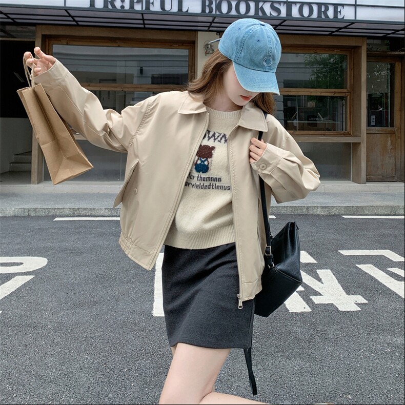 休闲工装翻领短外套女春秋2025新款流行爆款百搭夹克韩版时尚显瘦,女装短外套,2C316