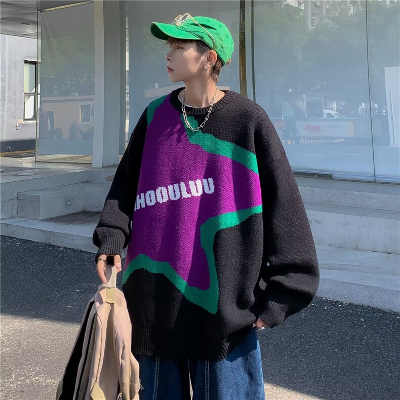 美式复古插肩拼色针织上衣男秋冬季慵懒风宽松毛衣字母提花图片