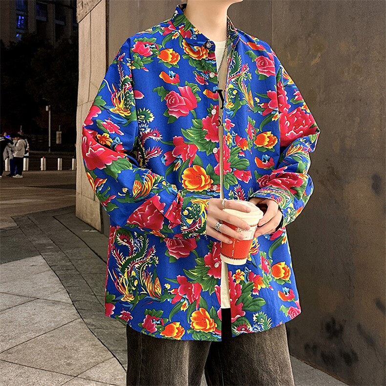 东北大花衬衫男长袖风复古礼服外套潮牌宽松上衣8018特P30,男装衬衫,电商A056