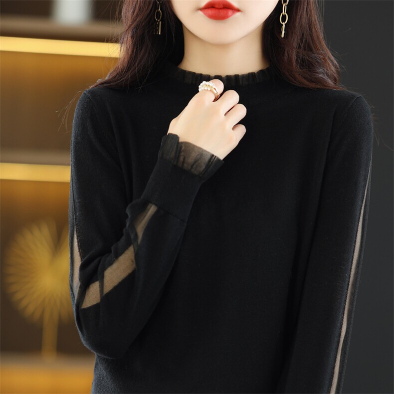 半高领拼接打底衫女2024新款内搭显瘦百搭纯色针织衫,女装羊毛衫,总能电商供货