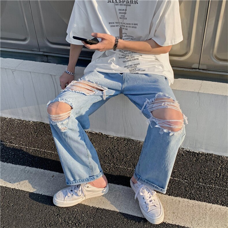 破洞牛仔裤男ins潮牌夏季薄款bf直筒阔腿宽松乞丐老爹裤K825-P38,男装牛仔裤,星座512-2