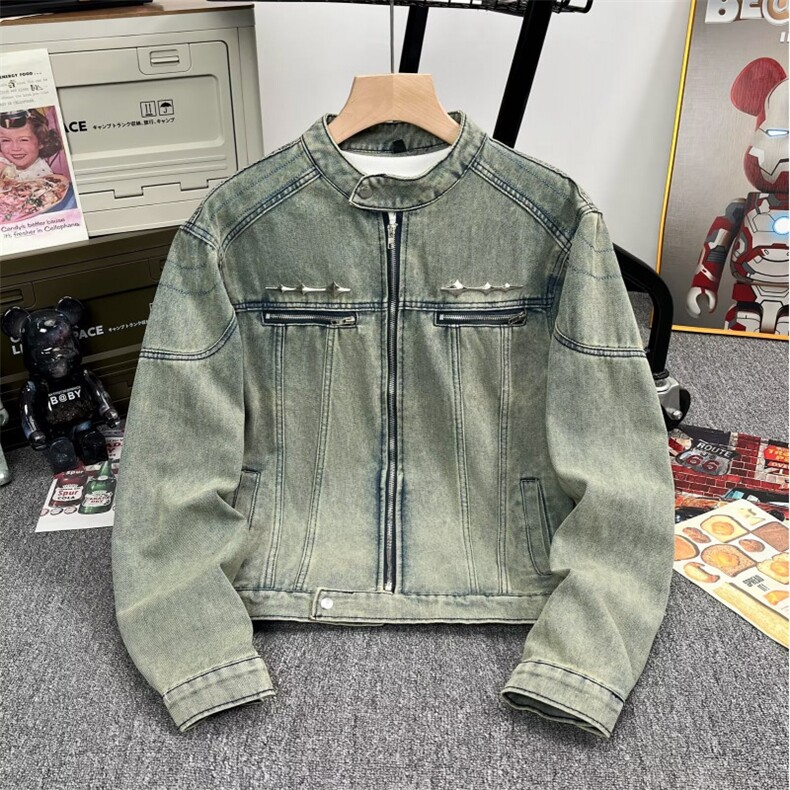 得物品质秋款男立领牛仔夹克金属十字架宽松休闲外套JK051 P75图片