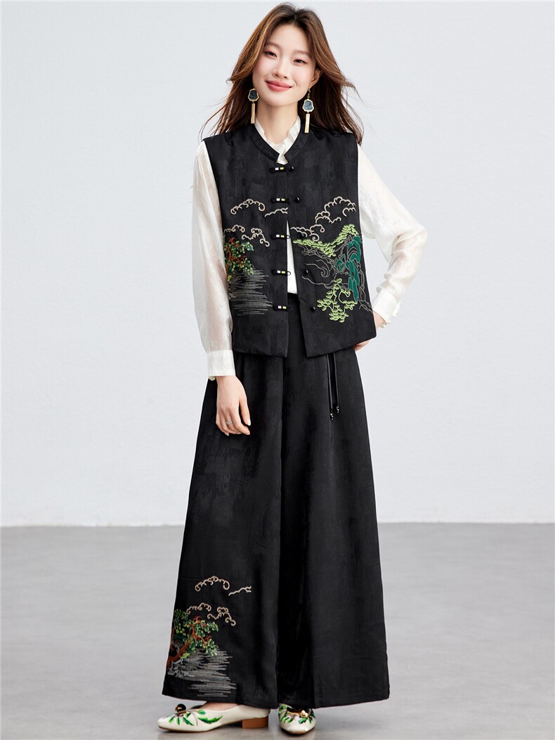 在仓~2026年春夏轻薄背心/马甲上衣两件套刺绣山水画两件套阔腿裤,女装套装/套裙,新依时派