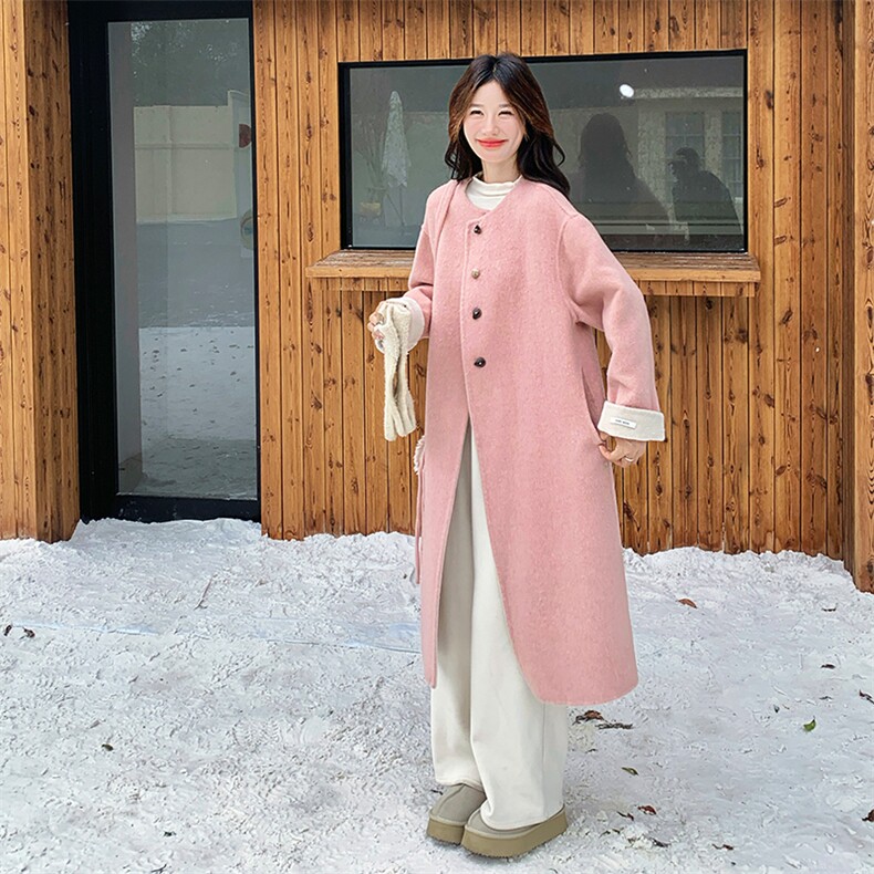 韩系粉色双面毛呢大衣女2025冬季新款中长款学院风气质毛呢外套潮,女装毛呢外套,2C123