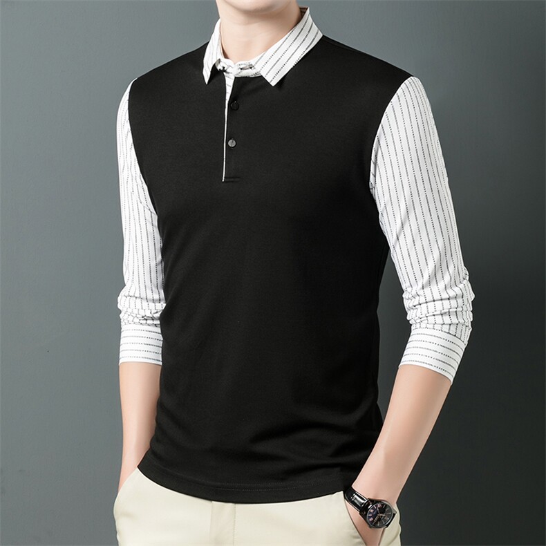 2023新款假两件衬衫中年男士长袖秋季上衣爸爸打底小衫翻领卫衣，男装卫衣，电商B212（原钱塘6029）