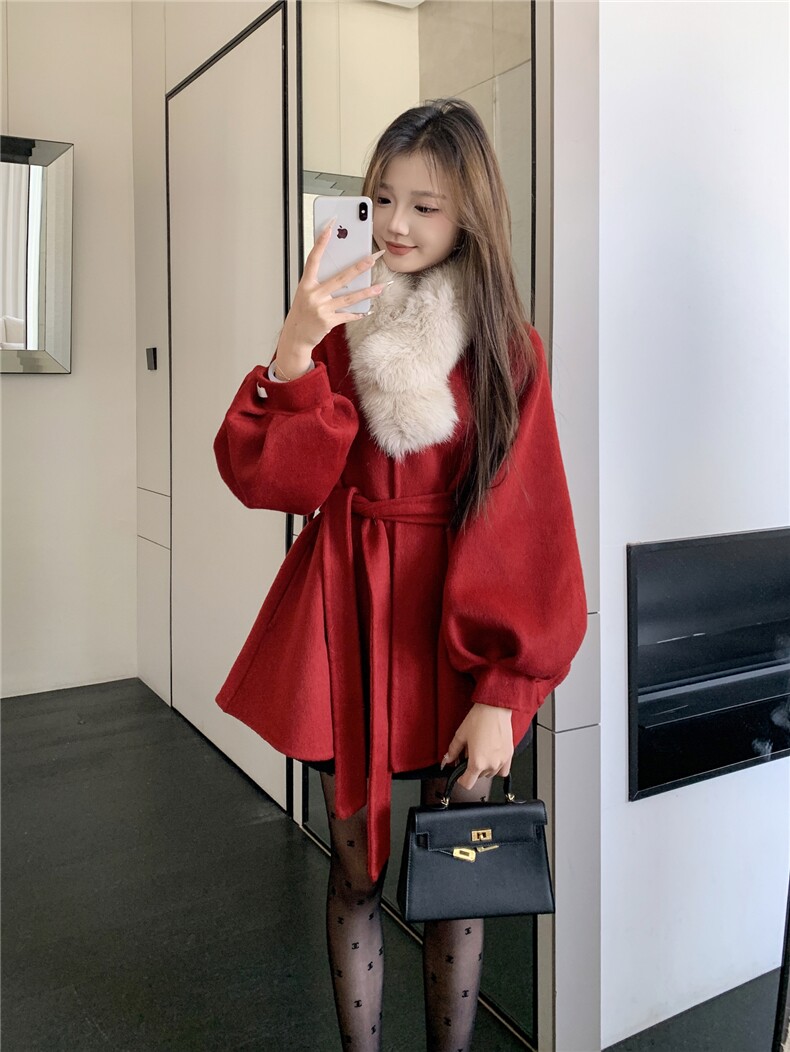 现货新款圣诞款2176-P350-K520双面羊绒大衣配围脖,女装双面呢大衣,韩然一族