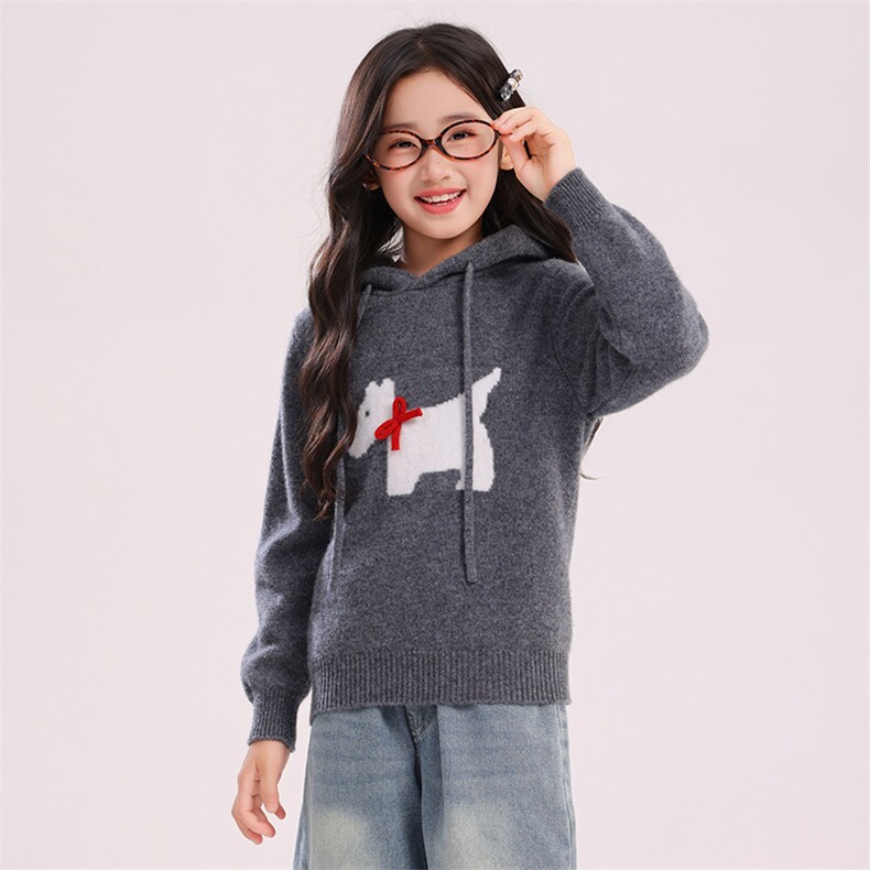 2025年秋季新款百搭男女同款大象+小狗提花加厚保暖连帽衫，童装儿童羊毛衫，宏杨羊绒