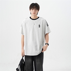 可48小时发货支持抖音得物来样二开重磅美式高街纯棉织带短袖T恤，男装T恤，电商A486