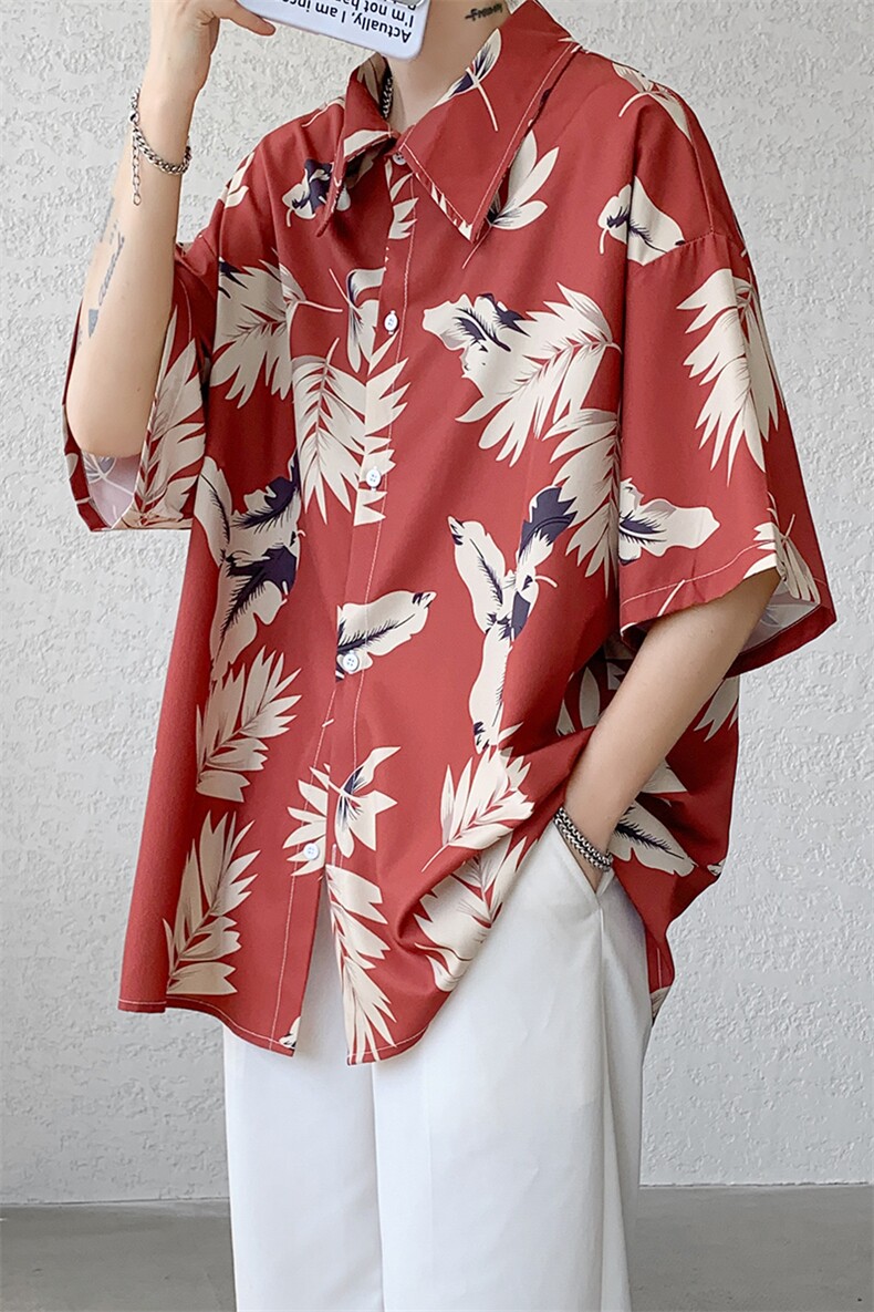 8XL-M夏威夷特大码冰丝垂感衬衫男度假风短袖复古花衬衣CS511P50,男装衬衫,电商D206-1