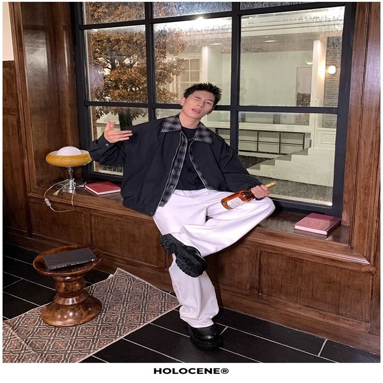 春秋美式复古翻领格子拼接假两件夹克男高级设计感棒球服外套潮牌,男装夹克,星座218-8