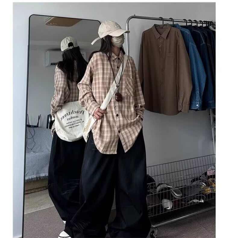 复古长袖格子衬衫女2025春秋新款韩系设计感小众宽松开衫上衣外套,男装衬衫,星座506A
