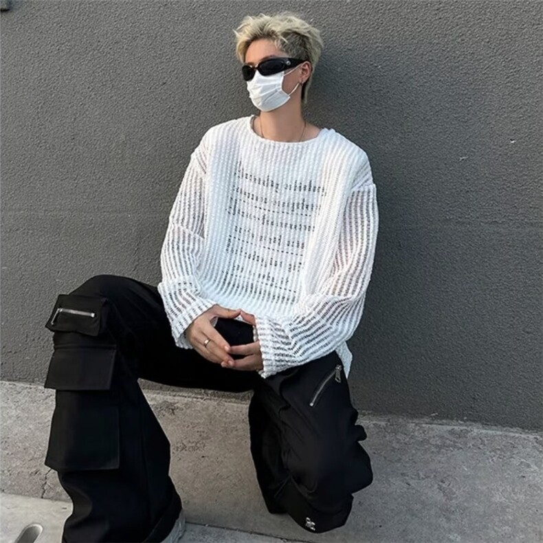 时尚镂空网纱假两件针织罩衫男女夏季秋薄款长袖t恤外套M6032/P40,男装T恤,星座506
