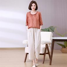 纯苎麻碎花衬衫女2024夏季新款时尚高端休闲宽松妈妈小衫短袖上衣，女装套装/套裙，独衣靓