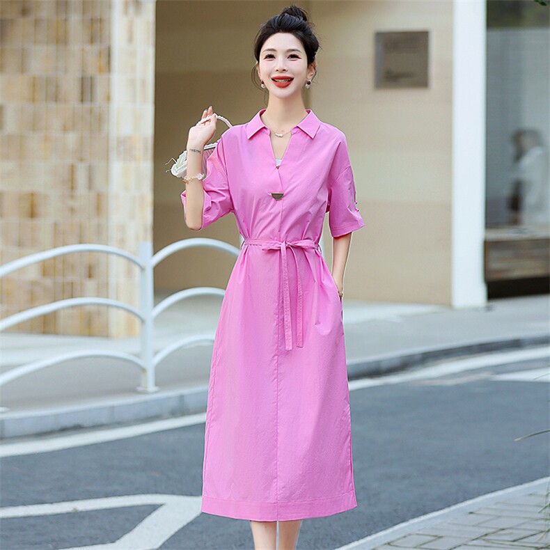 《现货》新款衬衫领个性装饰V领短袖细腰带连衣裙，女装连衣裙，海爱依仁