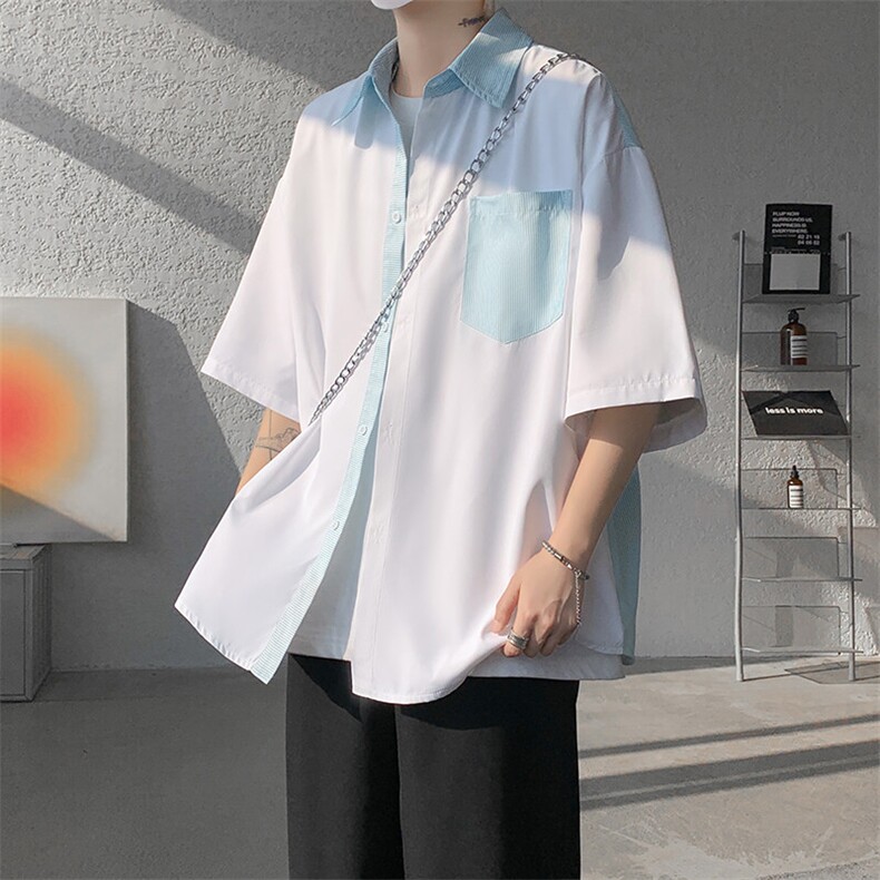 仓库现货CS1120-特批25条纹撞色拼接百搭痞帅大码短袖衬衫,男装衬衫,电商A059