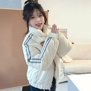 美式复古学院风拼接条纹面包服2025年新款宽松加厚棉服女外套冬季